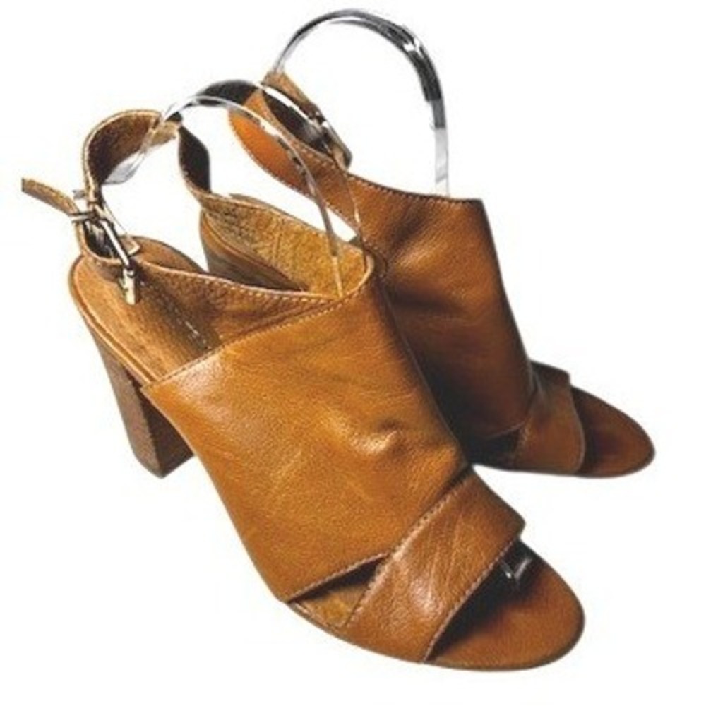 Le Chateau 41 /US 10-10.5 Tan Leather Slingback Chunky Heel Peep Toe Sandal Y2K